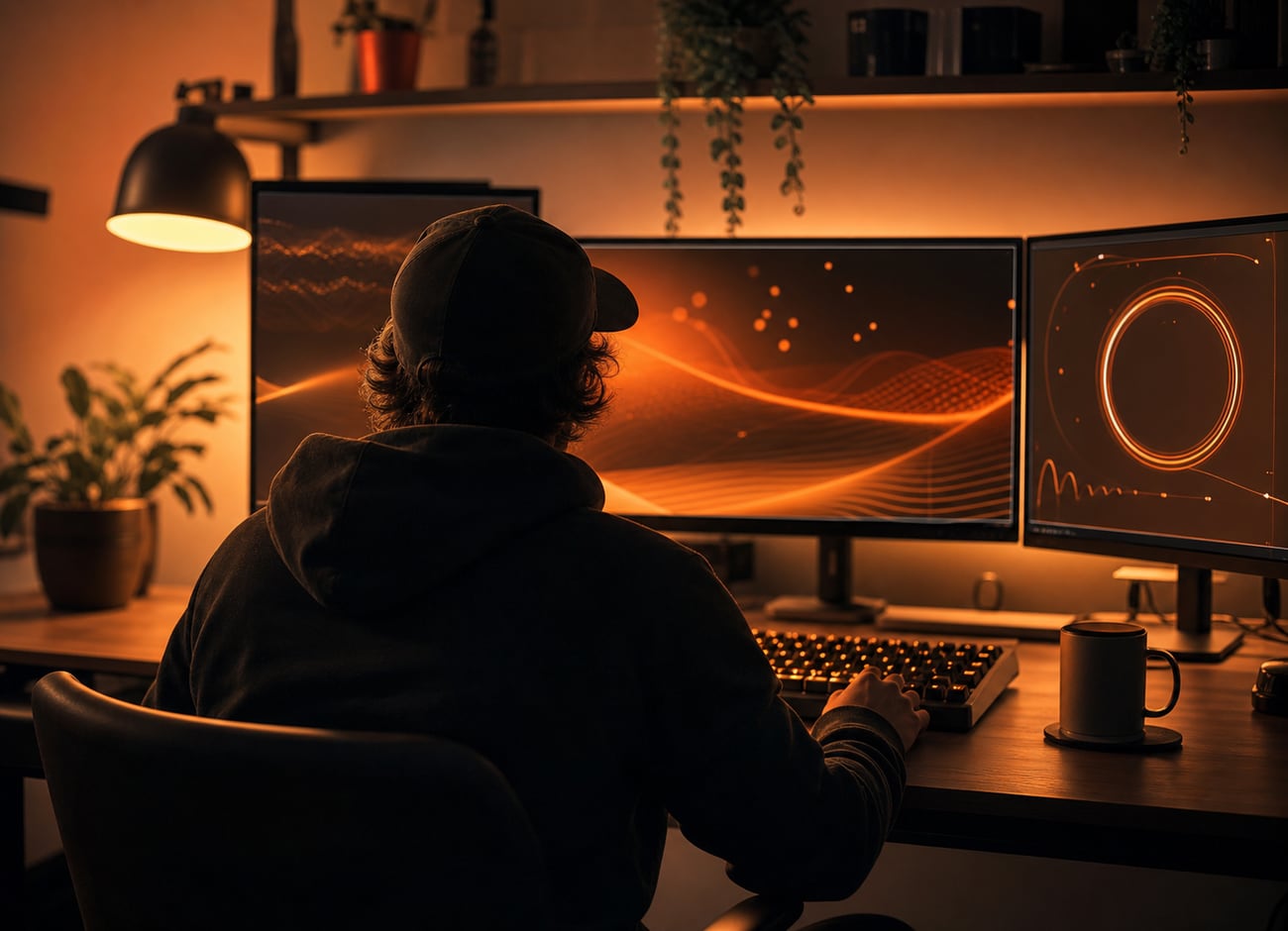 A late-night multi-monitor workspace lit by screen glow
