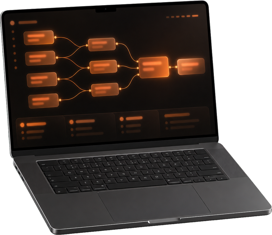 A laptop showing an abstract node graph