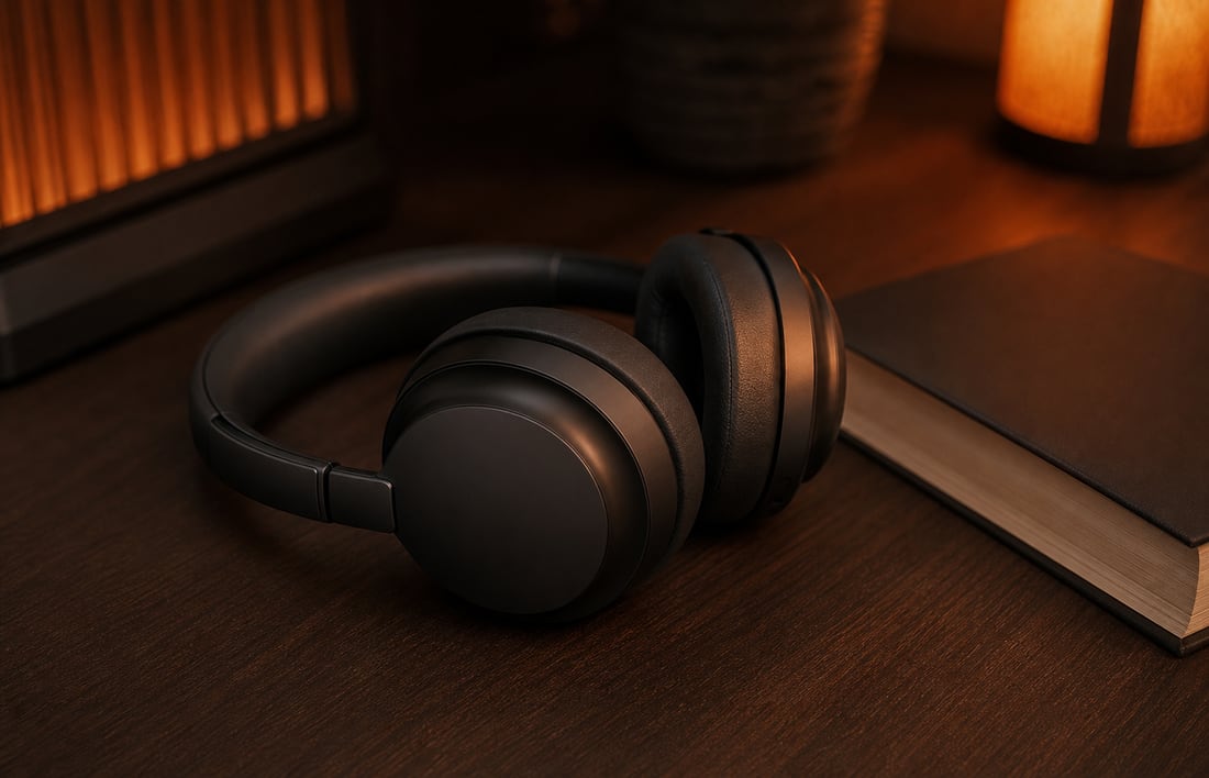 Headphones resting on a dark desk